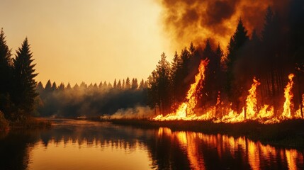 Fototapeta premium A dramatic scene of a forest fire reflecting in a serene river at dusk, highlighting nature's fierce beauty and danger.