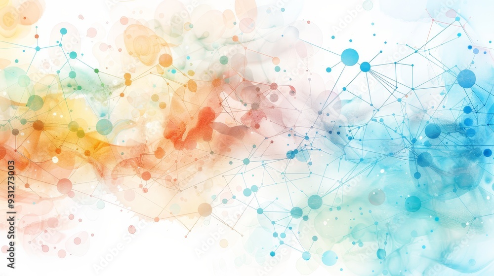 Poster a vibrant abstract watercolor background featuring colorful splashes and interconnected dots for mod