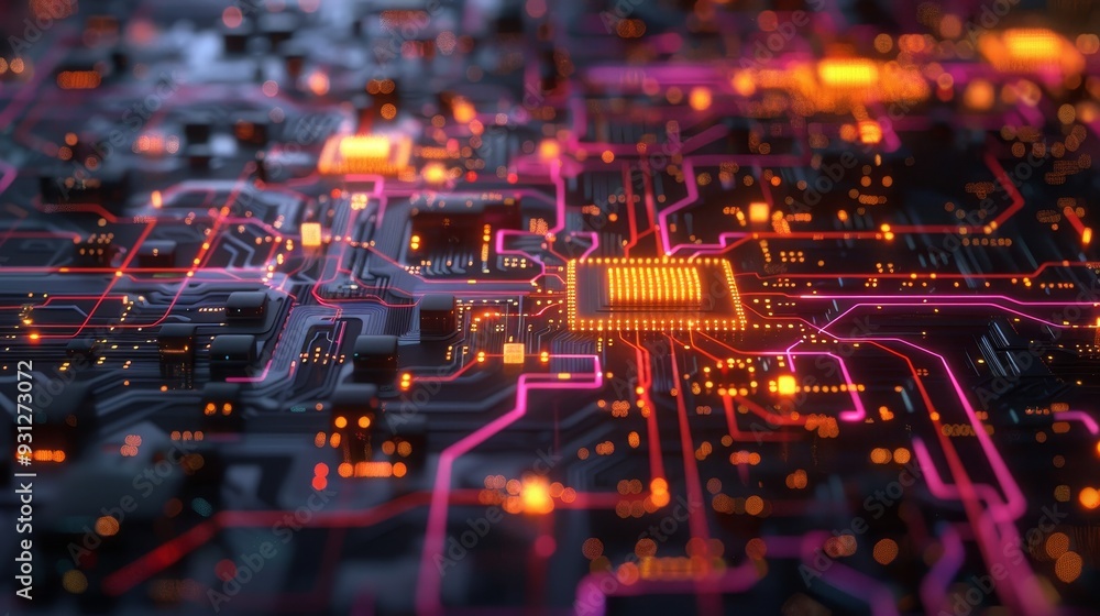 Poster a close-up view of a high-tech circuit board with glowing lines and intricate patterns, showcasing m