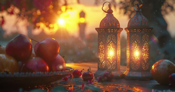 Video Recreation of islamic or muslim lanterns lighting on at sunset