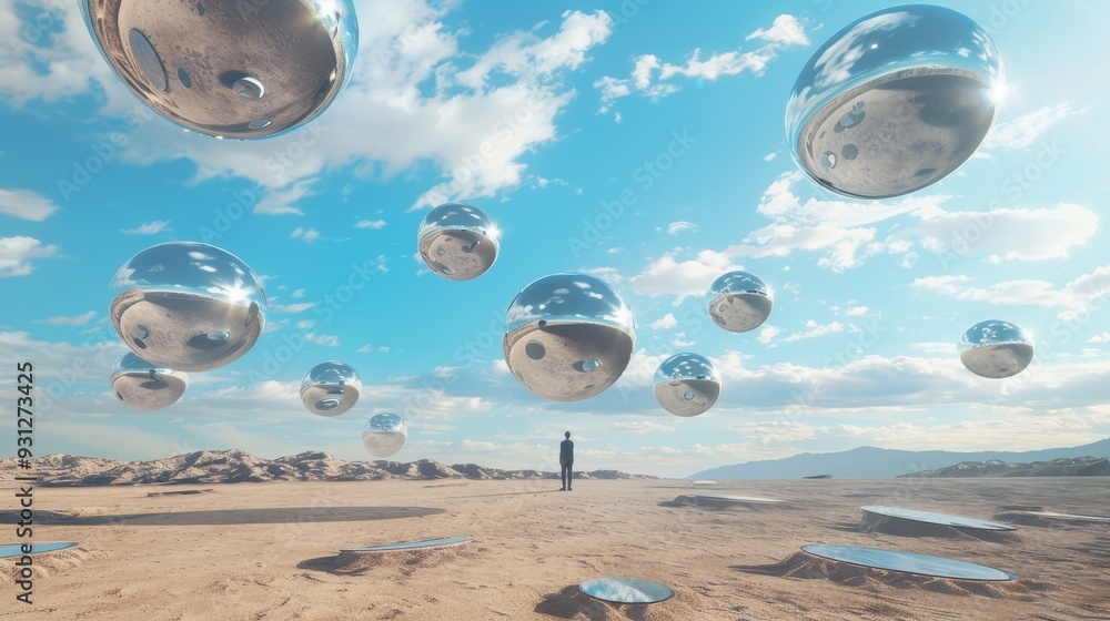 Poster a surreal landscape with floating spheres under a vibrant sky, creating an otherworldly atmosphere o