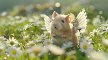 A whimsical creature with wings hops through a vibrant field of daisies, capturing the essence of fantasy and joy in nature.