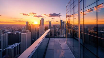 Fototapeta premium A stunning sunset view over a city skyline, reflecting off glass buildings.