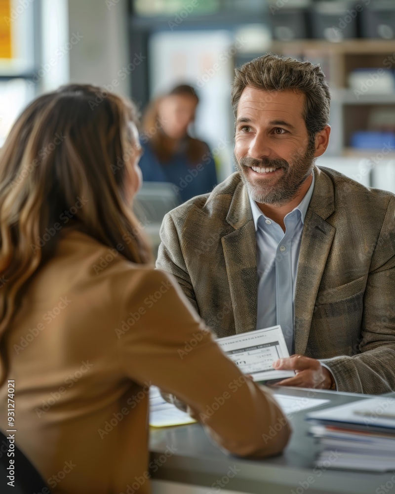 Poster A man and woman discuss paperwork while sitting at a table. AI.