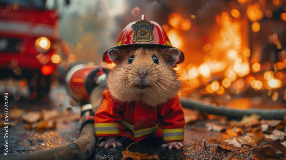 Sticker a hamster dressed as a firefighter with a hose. ai.