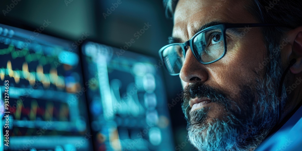 Aufkleber a man looks intently at a computer screen, analyzing data. ai.