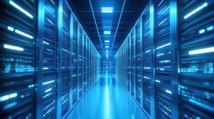 Obraz premium Futuristic server room corridor with glowing blue lights and data streams.
