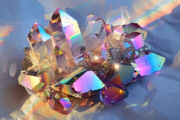 A holographic crystal cluster, with each crystal reflecting and refracting light into rainbow colors