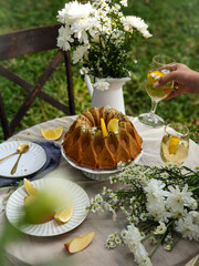 breakfast with flowers. Picnic in the park 