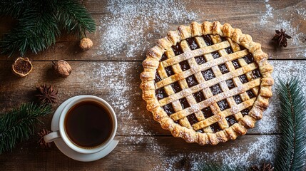 An artistic shot of a mince pie with a lattice crust placed on a wooden table with a cup of coffee