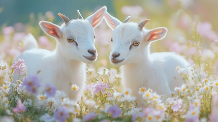 Naklejka premium Two adorable white baby goats with horns looking at each other in a field of wildflowers.