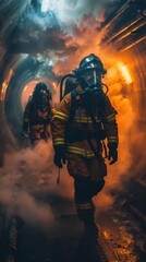 Fototapeta premium Firefighters in a smoky tunnel. AI.