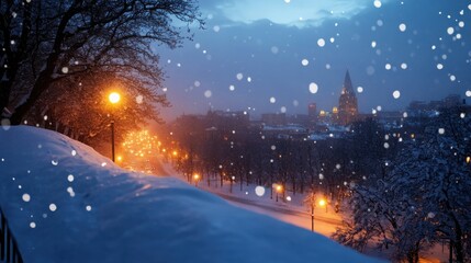 Naklejka premium A serene winter night scene with falling snow, glowing street lamps, and a picturesque view of a distant town in twilight.