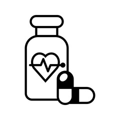 heart medicine bottle with capsules, heart with the pulse and bottle icon vector