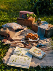 Picnic in garden. Reading books. Breakfast bagels in park. Summer vibes.
