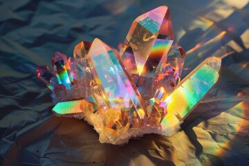 A holographic crystal cluster, with each crystal reflecting and refracting light into rainbow colors