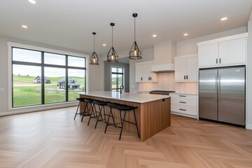 A minimalist kitchen with light wood cabinets, white walls, and a floor
