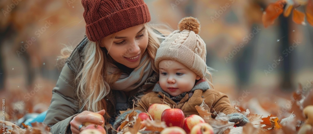 Canvas Prints a mother and her child enjoy the autumn leaves. ai.