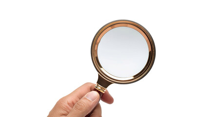 Hand holding magnifying glass on a  white and transparent background 