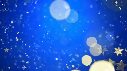 Golden stars and bokeh lights float gently over a vivid blue background, creating a whimsical and festive atmosphere. The sparkling elements evoke feelings of celebration and joy