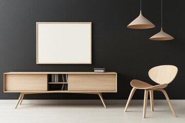 A mockup of an empty, blank white poster frame on the wall in a modern