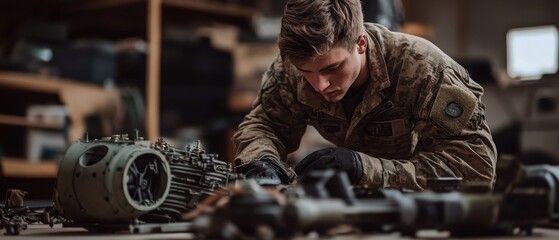 A soldier meticulously repairs equipment in a workshop, showcasing skill and dedication to military maintenance tasks.