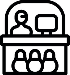 Receptionist working at the bowling club, with bowling pins stored underneath the counter