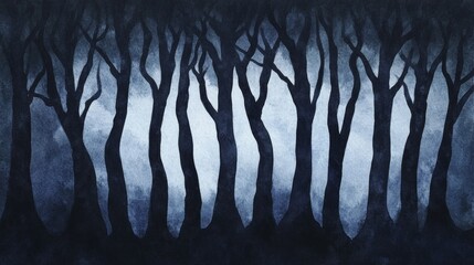 Naklejka premium Enigmatic Dark Forest with Twisted Trees and Shadowy Figures - Watercolor Illustration
