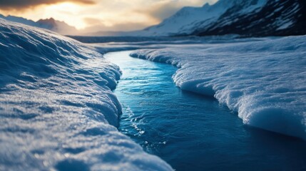 A tranquil river flows through icy terrain under a dramatic sky, showcasing the beauty of winter's serene landscape.