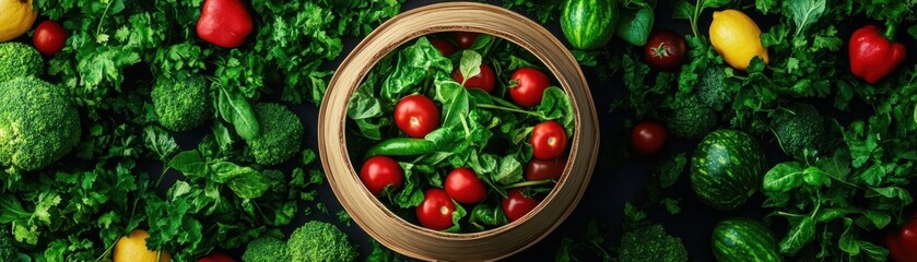 A vibrant bowl of fresh vegetables surrounded by lush greens, showcasing the beauty of healthy eating and nature's bounty.