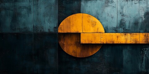 Charcoal Elegance: Teal and Mustard Layered Shapes on Glossy Wood, generative ai