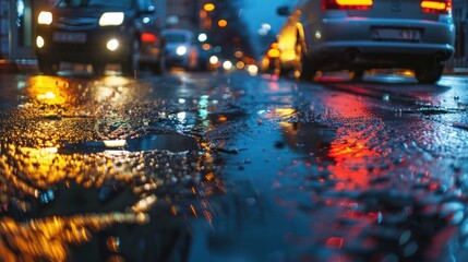 City Lights Reflected in a Puddle