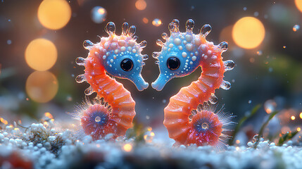 Obraz premium illustration of two cute baby seahorses on sea background