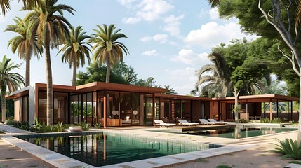 Fototapeta premium modern tropical villa with a swimming pool and palm trees in the backyard.