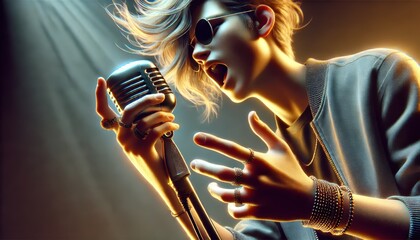 closeup shot of a stylish teenager holding a microphone, passionately performing a song. The teenager embodies the energy of a young