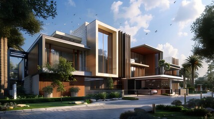 Fototapeta premium modern house with clean lines and a minimalist design. The house is surrounded by a lush garden and features large windows that provide ample natural light.