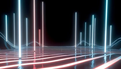 Futuristic red and orange neon lights converging in a vanishing point perspective, creating a dynamic and abstract sci-fi landscape