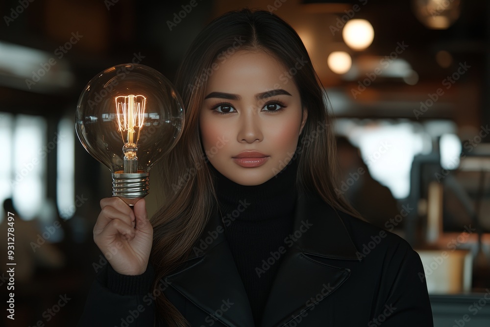 Poster female scientist interacting with a light bulb in a high tech lab representing the cutting edge of s