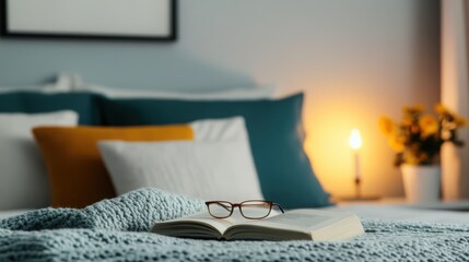 A peaceful bedroom with soft pillows, a sleep mask, and a book on sleep health, representing a nightly routine for better rest