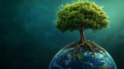 A tree growing out of the Earth, roots wrapping around the globe, gradient background from deep forest green to light sky blue, detailed textures in the tree bark and leaves, lighting is soft and