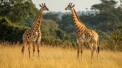 Two giraffes stand in a grassy field, facing each other. The giraffes have long necks and legs and are covered in brown and white spots.
