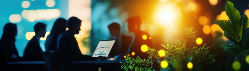 Obraz premium Silhouettes of business professionals collaborating in a modern workspace, illuminated by soft lights and a warm glow.