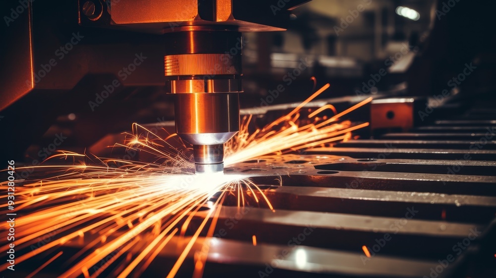 Poster a close-up view of a cnc machine cutting metal, creating bright sparks in a workshop environment, sh