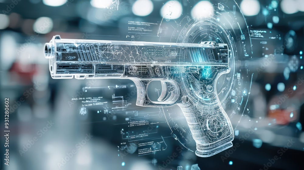 Poster advanced holographic targeting system handgun in futuristic armory display, generative ai