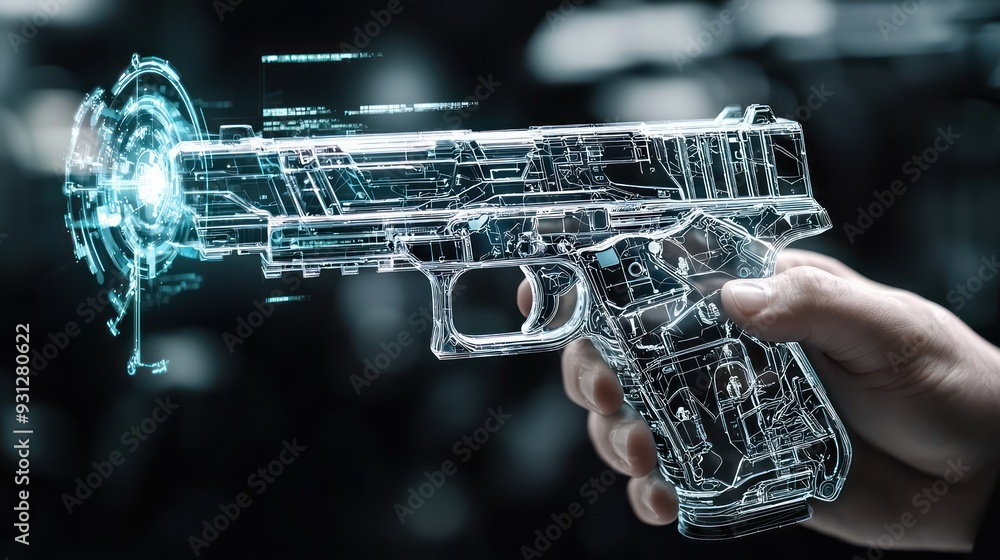Poster futuristic armory displaying high-tech handgun with holographic targeting system, generative ai