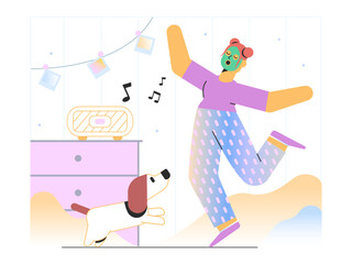 Girl in pajamas dancing and singing 