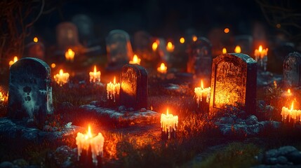 Burning Candles on Gravestones in a Spooky Cemetery