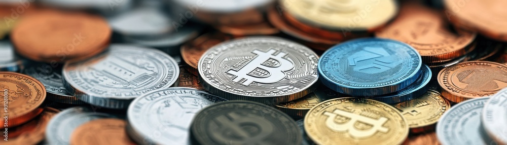 Poster global currency symbols floating above distributed coins, 3d illustration