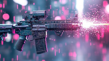 Futuristic High-Tech Assault Rifle Firing Energy Beam in Urban Warfare Scene, Generative Ai