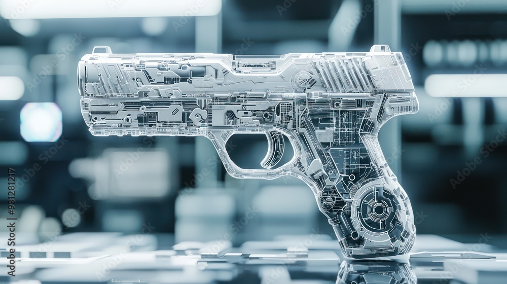 Aufkleber futuristic handgun with digital interface in high-tech lab setting, generative ai